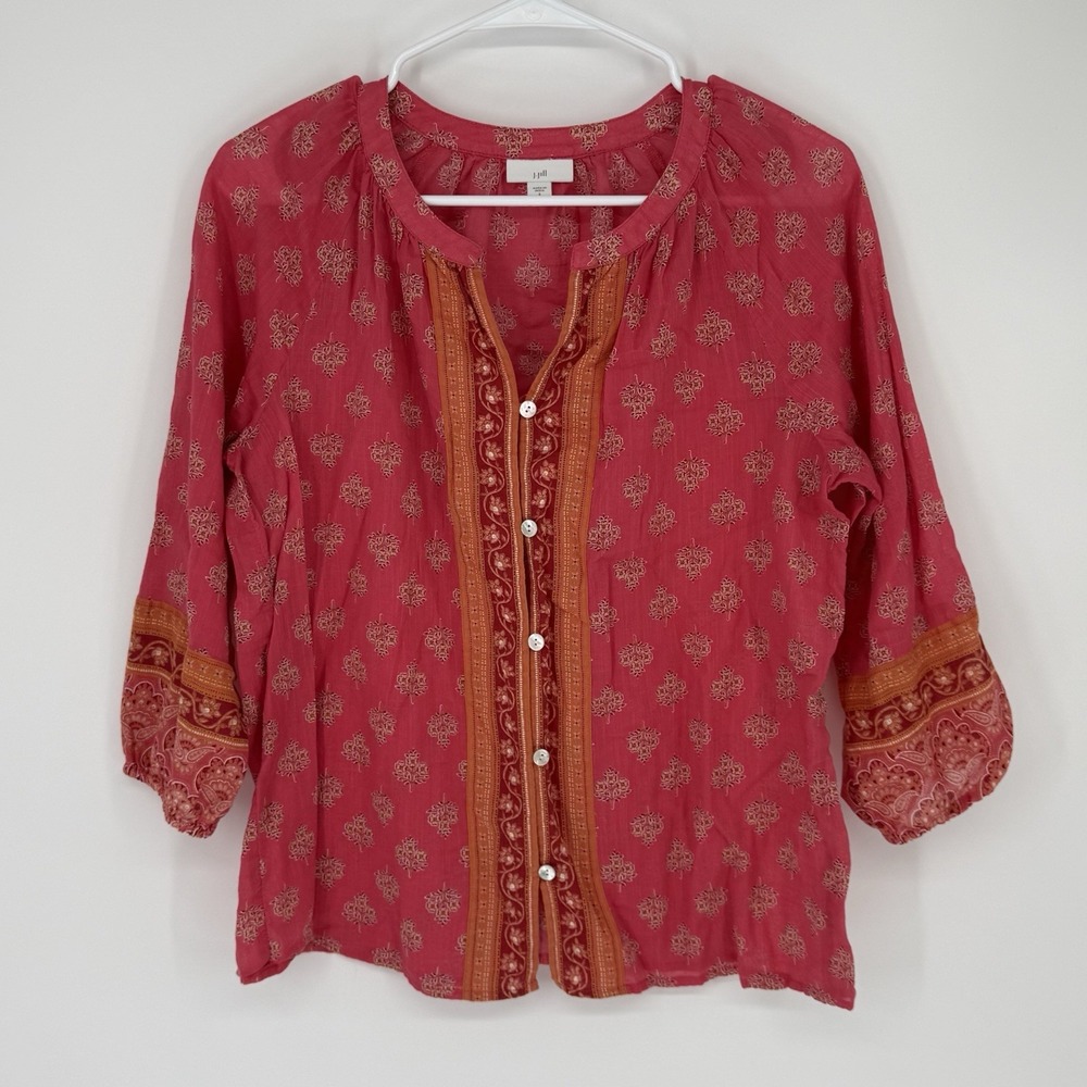 J Jill Blouse Small Pink Floral 100% Cotton Peasant Whimsy Boho Cottagecore